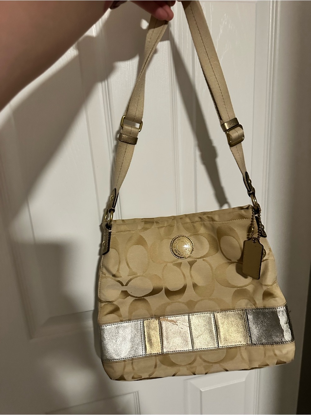 Vintage Coach Signature Metallic Patchwork Crossbody Bag Khaki Gold F19209